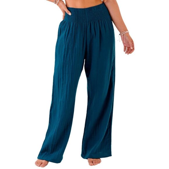 Lotus & Luna Wide Leg Cotton Pants in Color: Pacific Dark Teal Blue S - Picture 3 of 16